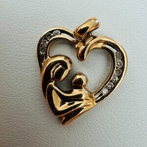 10K Yellow Gold Open Heart Mother and Child Pendant with Diamond Accents vintage